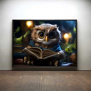 Owl and books premium poster on matte paper - decoration wall gift idea
