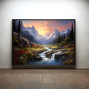 Landscape with flowers oil digital print premium poster on matte paper - decoration wall gift idea