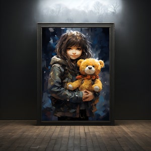 Girl with bear premium poster on matte paper - decoration wall gift idea