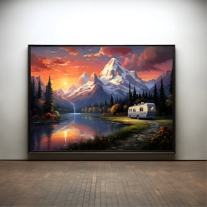 Fjord with motorhome premium poster on matte paper - decoration wall gift idea