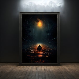Gothic boat burning moon premium poster on matte paper - decoration wall gift idea