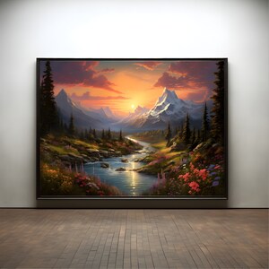 Sunset landscape flowers oil digital print premium poster on matte paper - decoration wall gift idea
