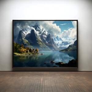 Landscape mountain with lake oil digital print premium poster on matte paper - decoration wall gift idea