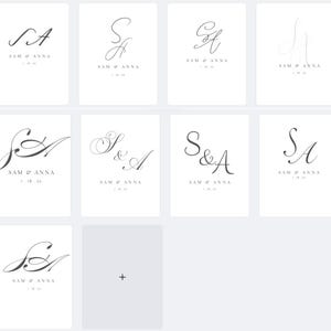 May include: A collection of 12 different monogram designs featuring the letters "S" and "A" in various styles. The designs are all in black and white and are set against a white background. The text "Sam & Anna" appears below each design.