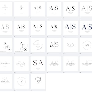 May include: A collection of 27 minimalist wedding logo designs in black and white. Each design features initials, names, and dates, perfect for personalized branding. The logos are displayed on a white background.
