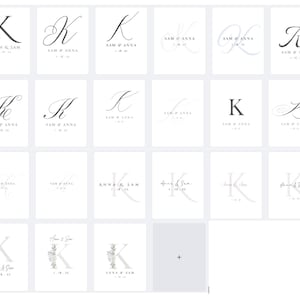 Puede incluir: Una colección de 16 diseños de monogramas de boda diferentes con la letra K. Los diseños incluyen varios estilos de la letra K, algunos con elementos florales. El texto "Anna & Sam" y la fecha "1.18.23" están incluidos en algunos de los diseños.