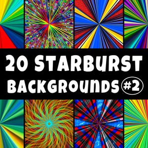 20 Starburst Backgrounds, Psychedelic Digital Papers, Sunburst Pattern, Instant Download, Commercial Use, Social Media Posts