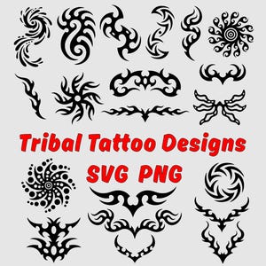Op de afbeelding: Een set van 20 zwarte tribale tattoo-ontwerpen in SVG- en PNG-formaat. De ontwerpen zijn ingewikkeld en gedetailleerd en zijn perfect voor gebruik als tatoeages, sjablonen of andere creatieve projecten.