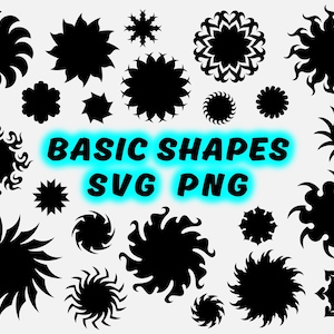 May include: A selection of black, stylised shapes in diverse designs, including starbursts, spirals, and floral patterns, against a light grey background. The text "BASIC SHAPES SVG PNG" is displayed in a glowing blue font.
