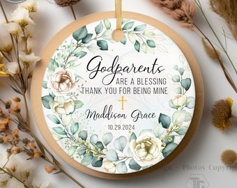 Personalized Godparents Porcelain Ornaments, Custom Baptism Gift to Godmother or Godfather, Christening Gifts, Wildflower Gift From Godchild