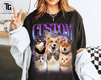 Couleurs de confort, t-shirt personnalisé pour votre animal de compagnie, personnalisé avec votre propre chien ou chat, t-shirt photo de chien rétro des années 90, cadeau pour elle, t-shirt personnalisé avec photo d'animal de compagnie