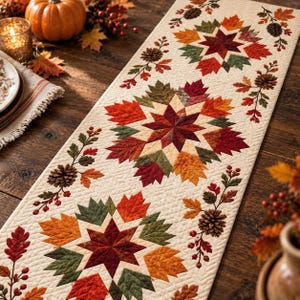 Quilted Table Runner, Autumn Maple Leaf Patchwork Runner, Fall Pinecone Table Decor, Thanksgiving Farmhouse Accent