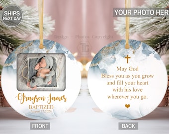 Personalized Ornament Blessings Baptism Gift, Custom Christening Gifts from Godparents, Religious Baby Girl/Boy Picture, Porcelain Ornaments