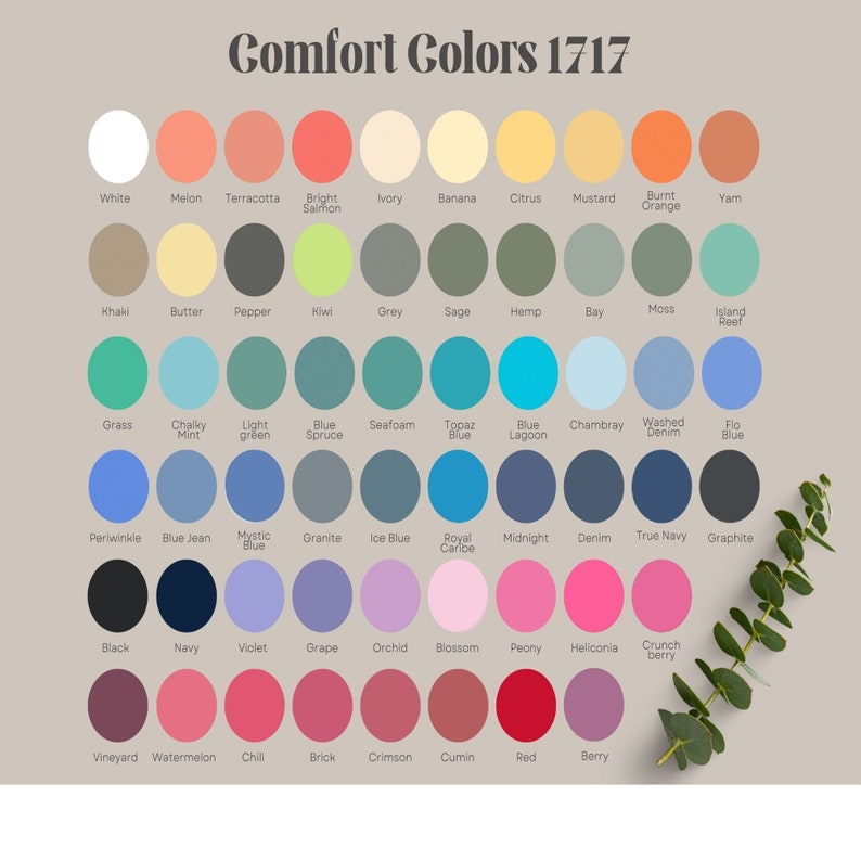 May include: A color chart with 48 different colors, labeled with their names. The colors are arranged in rows and columns, and the chart is titled "Comfort Colors 1717".