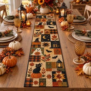 May include: A rectangular quilted table runner featuring a patchwork design with Halloween motifs including black cats, pumpkins, ghosts, bats, crescent moons, and lanterns in orange, black, and cream colors, centered on a wooden dining table.