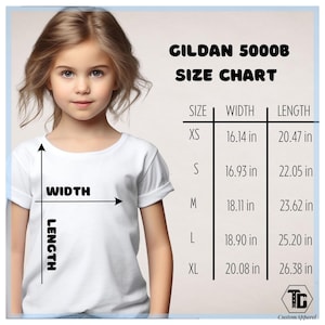 May include: A young person wearing a white t-shirt, with a size chart for Gildan 5000B shirts. The chart shows measurements in inches for sizes XS to XL, including width and length. The text "WIDTH" and "LENGTH" are also displayed.