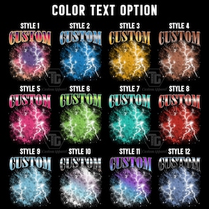 May include: A graphic design featuring twelve color options for a custom design. Each design includes the word "CUSTOM" in a stylized font above a colorful burst with lightning bolts. The background is black.