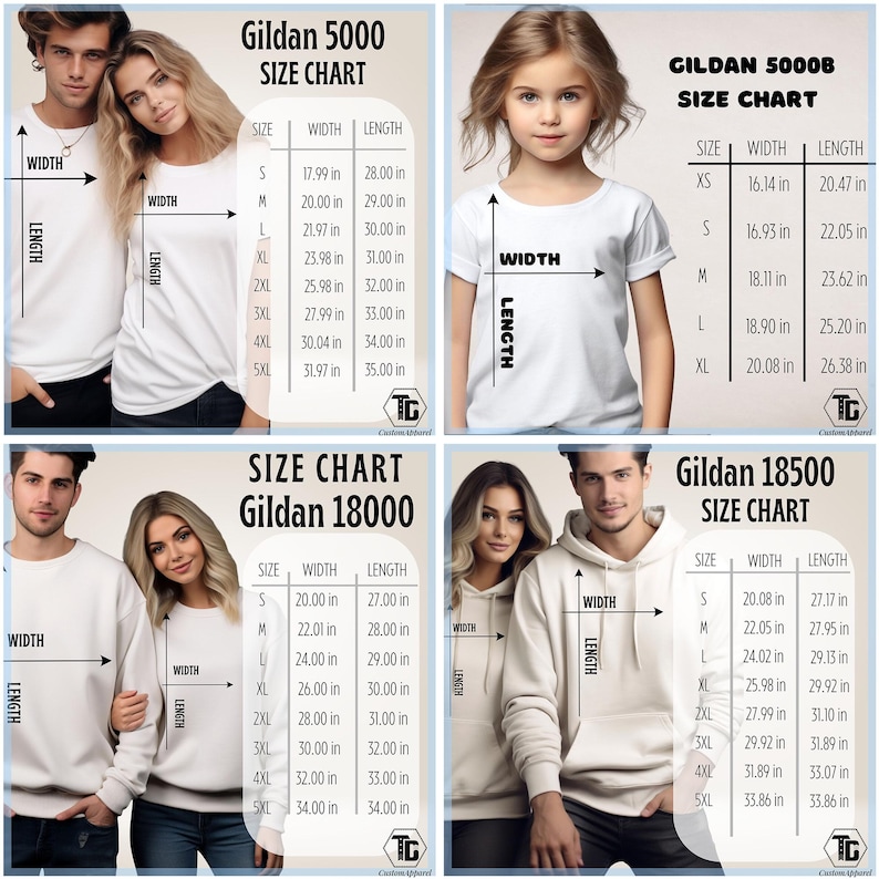 May include: Size chart for Gildan 5000, 50008, 18000, and 18500 t-shirts. The chart shows the width and length measurements in inches for each size, from XS to 5XL.