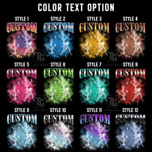 May include: Twelve different color options for a custom text design with a lightning bolt graphic. The text "CUSTOM" is displayed in each color option.