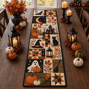 May include: A rectangular fabric table runner featuring a patchwork design with Halloween motifs including a black cat, a ghost, a witch hat, a haunted house, pumpkins, autumn leaves, a crescent moon, a bat, and a broomstick on a dark background.
