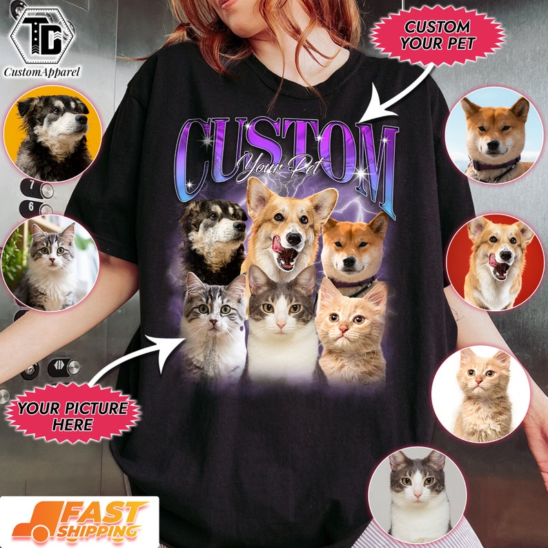 May include: A black t-shirt with the text "CUSTOM Your Pet" in a purple and blue gradient. The shirt features a collage of different pets, including a cat, a dog, and a corgi.