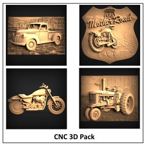 Könnte beinhalten: Ein Set aus vier CNC 3D-Modellen: ein Vintage-Pickup, ein Motorrad mit einem Route 66-Schild, ein Motorrad und ein Traktor. Die Modelle sind alle in hellbrauner Farbe gehalten und haben einen realistischen 3D-Effekt.