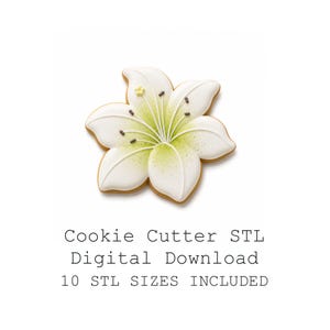 Può includere: Un biscotto bianco a forma di giglio con dettagli verdi e gialli e bordi marroni. Il biscotto ha un design dettagliato, con il testo "Cookie Cutter STL Digital Download 10 STL SIZES INCLUDED" sotto.