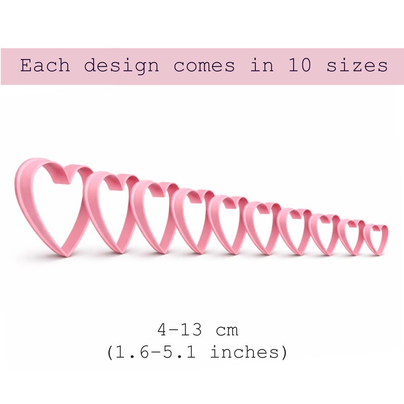 Puede incluir: Un conjunto de diez cortadores de galletas rosas en forma de coraz&oacute;n, con tama&ntilde;os de 4 a 13 cm. La imagen incluye el texto "Cada dise&ntilde;o viene en 10 tama&ntilde;os" y "4-13 cm (1.6-5.1 inches)".