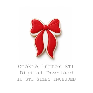 May include: A bow-shaped cookie with red icing and white accents. The cookie is outlined in a light brown color. Text on the image reads: Cookie Cutter STL Digital Download 10 STL SIZES INCLUDED.