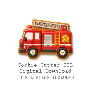 Peut inclure: Emporte-pièce en forme de camion de pompiers rouge et noir avec une échelle sur le dessus. L'emporte-pièce a un tuyau d'incendie jaune et une échelle jaune. Le texte "Cookie Cutter STL Digital Download 10 STL SIZES INCLUDED" est en dessous.