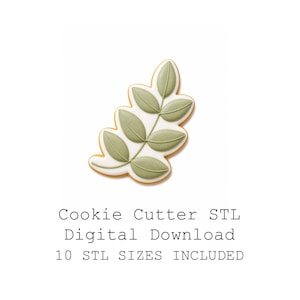 May include: A leaf-shaped cookie cutter with a light green leaf design on a white background. The cookie cutter has a light brown border. Text at the bottom reads "Cookie Cutter STL Digital Download 10 STL SIZES INCLUDED."