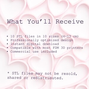 Puede incluir: La imagen muestra el texto "What You'll Receive" y una lista de caracter&iacute;sticas para archivos STL, incluyendo 10 tama&ntilde;os que van de 4-13 cm. El fondo es un patr&oacute;n de corazones rosas.