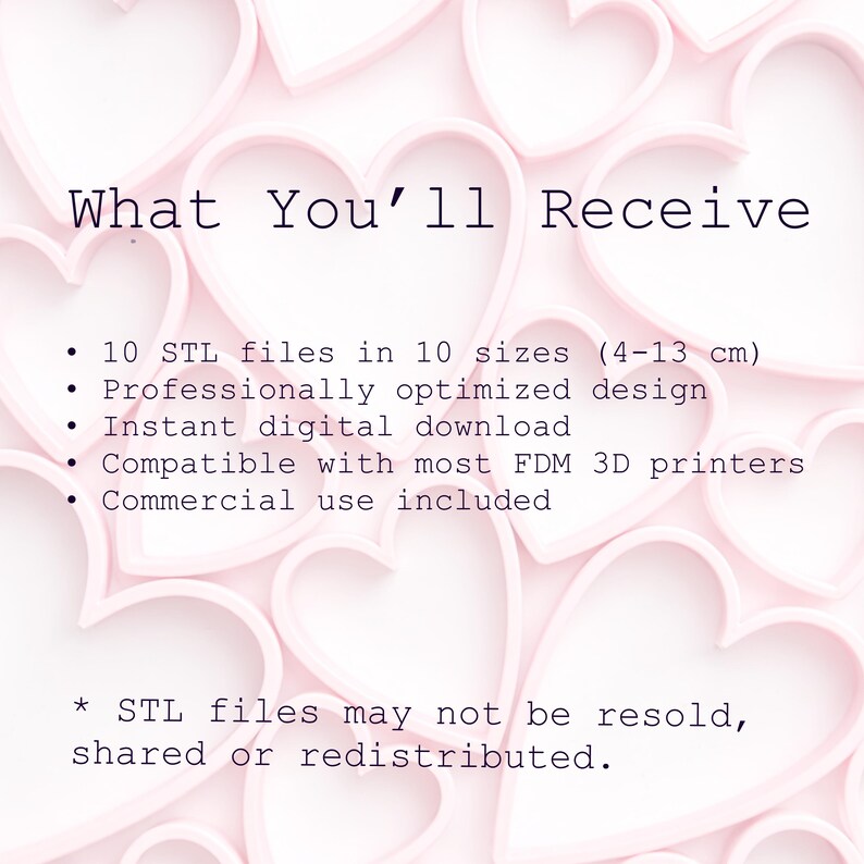 Puede incluir: La imagen muestra el texto "What You'll Receive" y una lista de caracter&iacute;sticas para archivos STL, incluyendo 10 tama&ntilde;os que van de 4-13 cm. El fondo es un patr&oacute;n de corazones rosas.