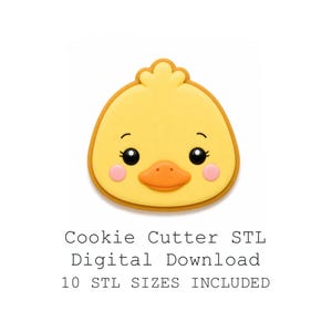 May include: A yellow duck-shaped cookie cutter with a brown outline, orange beak, and pink cheeks. The text below reads: Cookie Cutter STL Digital Download, 10 STL SIZES INCLUDED. This is a digital file for 3D printing a duck-shaped baking tool.