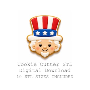 Könnte beinhalten: Ein Keks in Form von Onkel Sam, mit einem rot-weiß-blauen Hut mit Sternen. Der Keks hat ein lächelndes Gesicht, einen weißen Bart und eine goldbraune Kontur. Das Bild enthält den Text "Cookie Cutter STL Digital Download".
