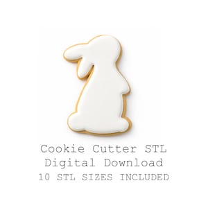 Puede incluir: Un cortador de galletas con forma de conejito con glaseado blanco y una base de galleta dorada. La imagen incluye el texto "Cookie Cutter STL Digital Download 10 STL SIZES INCLUDED".