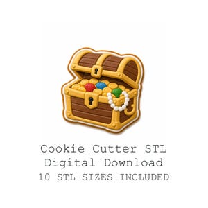 May include: A brown and gold treasure chest cookie cutter with a white outline. The chest is open, revealing gold coins, red, blue, and green gems, and a white pearl necklace. The text "Cookie Cutter STL Digital Download" is below the image.