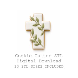 Könnte beinhalten: Ein kreuzförmiger Keks mit weißer Glasur und einem Motiv aus grünen Blättern und weißen Beeren. Der Text lautet: Cookie Cutter STL Digital Download, 10 STL SIZES INCLUDED. Dies ist eine digitale Datei für 3D-gedruckte Ausstechformen.