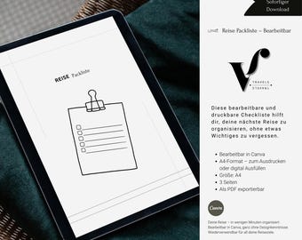 Reise-Packliste en Deutsch, Bearbeitbare Canva-Vorlage et imprimé PDF, Urlaubs-Packliste Checkliste Download