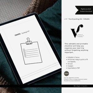 Puede incluir: Una lista de verificación de viaje digital que se muestra en una tableta. La lista es un diseño simple en blanco y negro con las palabras "TRAVEL Packing List" en la parte superior. La imagen también incluye el texto "Digital product Instant download".