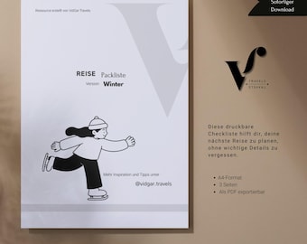 Winter Packliste auf Deutsch für Reisen, praktische PDF Checkliste, Packliste für kaltes Wetter und Schneereisen