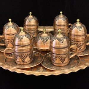 Copper Turkish Coffee Set of 6, Traditional Hand Crafted Vintage Coffee Cup, Vintage Coffee Makers, Traditional Turkish Copper Kitchen Decor