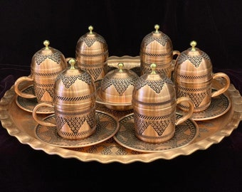 Copper Turkish Coffee Set of 6, Traditional Hand Crafted Vintage Coffee Cup, Vintage Coffee Makers, Traditional Turkish Copper Kitchen Decor