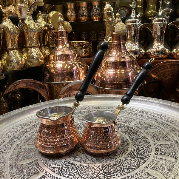 2 pcs Traditional Turkish Coffeemaker Pot, Hand Crafted Vintage Coffee Pot, Vintage Coffee Makers, Turkish Copper, Copper Kitchen Decor