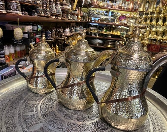 Turkish Coffeemaker Pot, Traditional Hand Crafted Vintage Coffee Pot Set, Vintage Coffee Makers, Traditional Turkish Copper Kitchen Decor