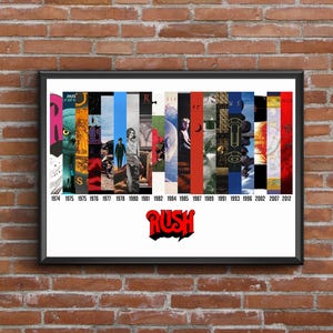 Könnte beinhalten: Gerahmtes Poster mit Albumcovern der Band Rush von 1974 bis 2012. Die Kunstwerke sind in vertikalen Streifen verschiedener Farben angeordnet, mit dem roten Logo der Band unten. Das Poster hängt an einer Backsteinmauer.