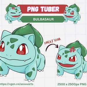 Puede incluir: Ilustración digital de un personaje de Bulbasaur en dos poses. El personaje es principalmente azul claro con acentos verdes, incluyendo un bulbo en su espalda y manchas. El texto incluye "PNG TUBER" y "BULBASAUR".