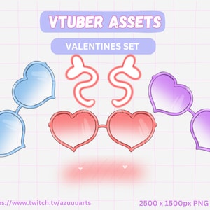 May include: A set of Valentine's Day themed VTuber assets featuring heart-shaped sunglasses in pink, blue, and purple. The sunglasses are outlined in black and have a gradient effect. The text "VTUBER ASSETS" and "VALENTINES SET" is also included in the image.