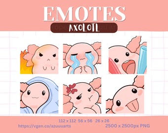 Axolotl Emotes Pack, Cute axolotl Emotes for Twitch Streamers & Discord, Static VTuber Emotes, Digital Download PNG