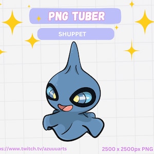 Può includere: Illustrazione digitale di un personaggio dei cartoni animati blu con grandi occhi e una bocca piccola. Il personaggio è etichettato "Shuppet" e fa parte di un set "PNG Tuber". Lo sfondo è una griglia con stelle gialle.